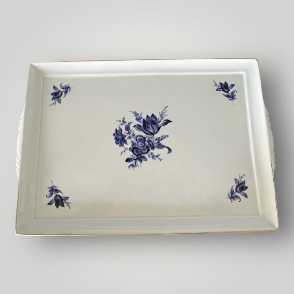 RICHARD GINORI BLUE LUMEGGIATO ORO Rectangular Porcelain Tray Handles Italy EUC - Picture 5 of 13